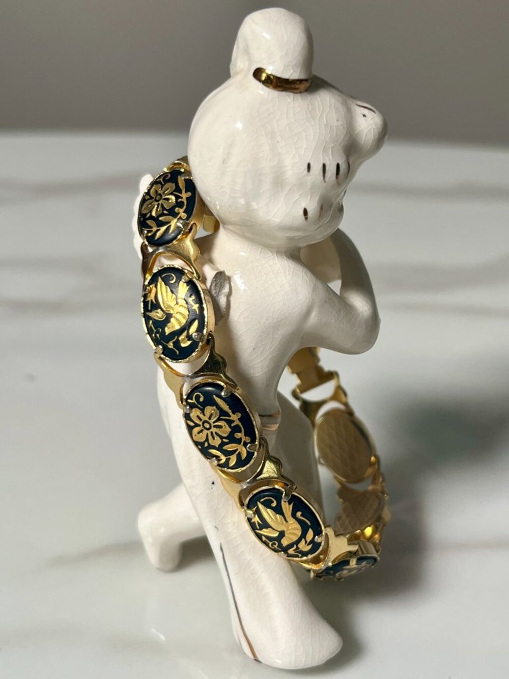 Toledo Spain Vintage Damascene Bird Floral Bracelet Black Gold IA
